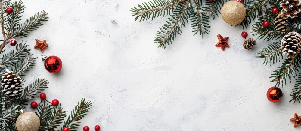 Poster white stone background with christmas decorations a fir tree and ample copy space image