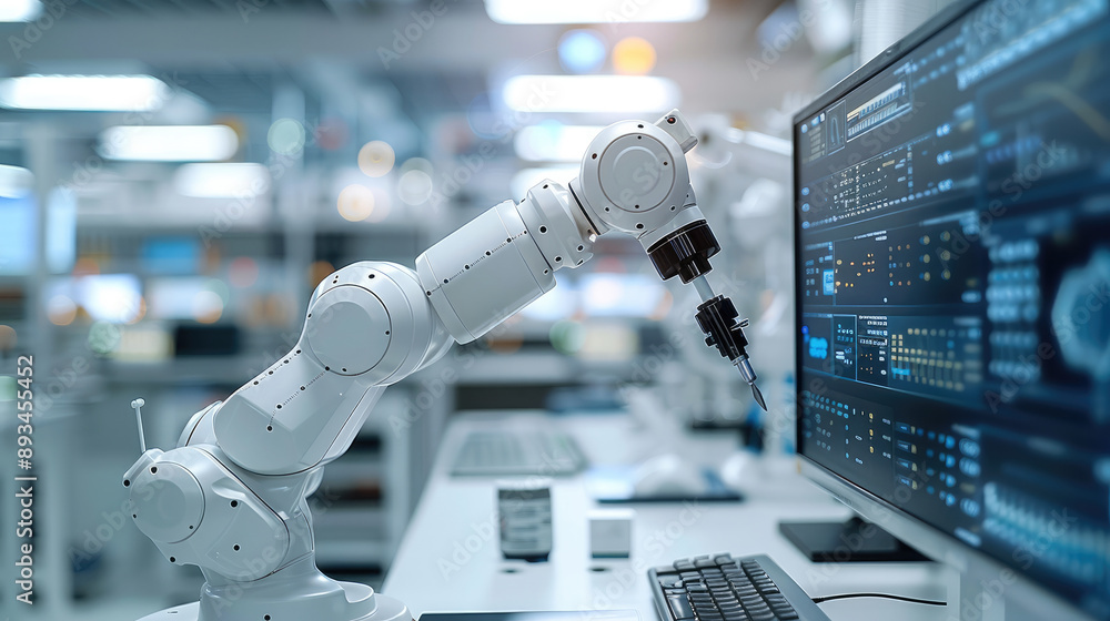 Leinwandbilder High-tech electronic lab with advanced computerized equipment, robotic arms, and digital screens displaying complex data. Generative AI.