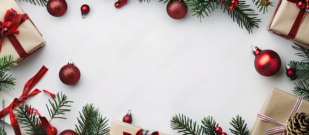 Poster Festive Christmas scene with presents fir tree branches and red ornaments on a white backdrop Captures the essence of the holiday season with a flat lay perspective and a top view emphasizing the cop