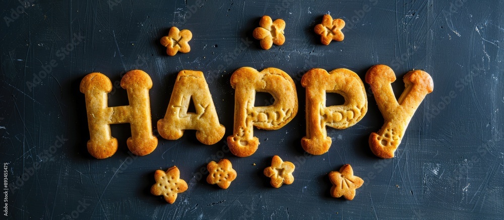 Poster Alphabet shaped homemade cookies arranged to spell Happy on a dark white background expressing the joyous concept of the image with copy space