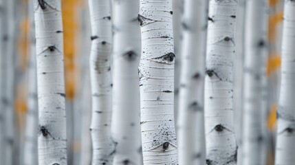Fototapeta premium Detailed close-up view of white birch tree trunks, showcasing the unique textures and eye-like patterns on the bark, with a soft autumnal background.