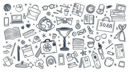 Simple doodle of detailed school icons in black and white vector.