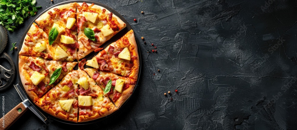 Aufkleber delicious hawaiian pizza with cheese crispy bacon and pineapple served with a pizza cutter wheel on 