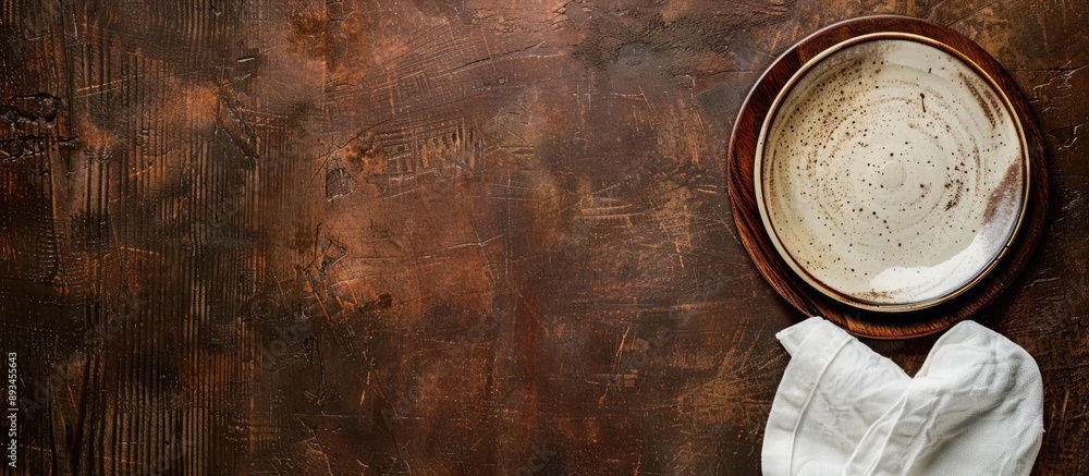 Poster wooden table with a ceramic plate and napkin against a brown background providing ample copy space f