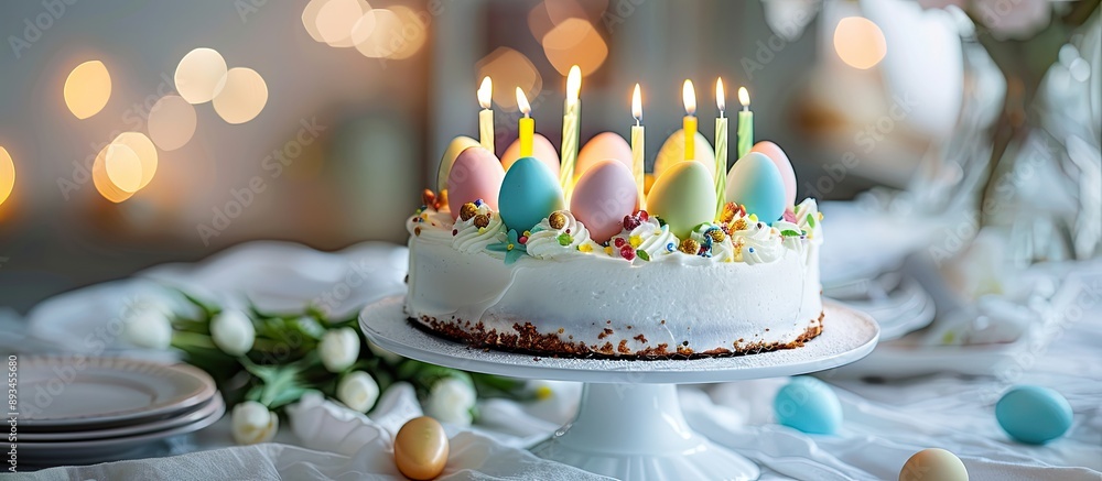 Poster A festive Easter cake with egg shaped candles is displayed on a stand on a white tablecloth The image is horizontally oriented with selective focus and offers copy space