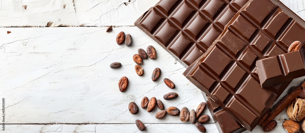 Fototapete top view of milk chocolate bar with carob cocoa butter and cocoa beans on a light wooden surface wit