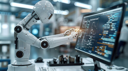 High-tech electronic lab with advanced computerized equipment, robotic arms, and digital screens displaying complex data. Generative AI.