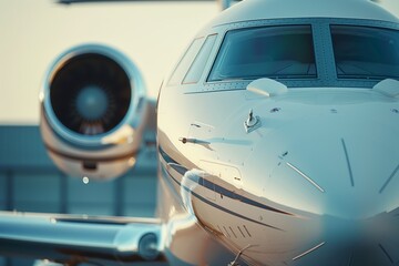 Fototapeta premium Close-up of business jet parked outside, sleek aircraft design, luxurious exterior