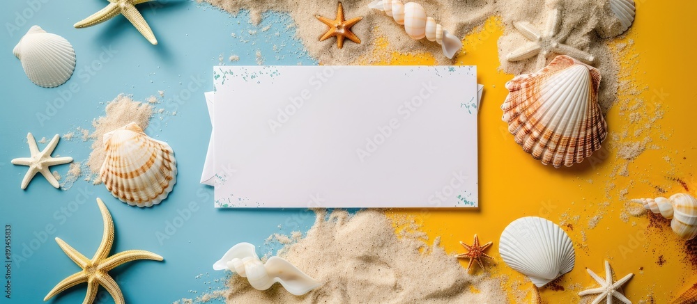 Aufkleber Summer themed setup with greeting card and white paper on colorful backdrop Seashells border text area in top view copy space image