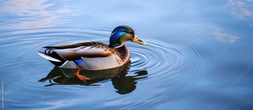 Aufkleber A lone duck with a blue marking on its wing is seen drinking from a serene lake with a clear sky above providing a peaceful backdrop for the scene captured in the copy space image