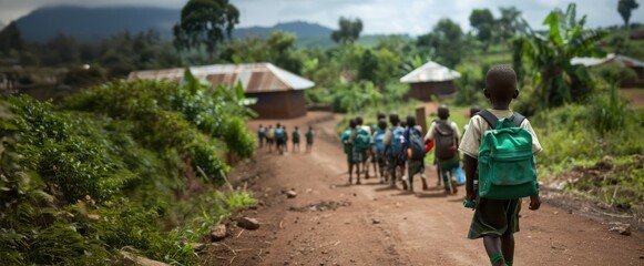 Group of African children walk along dirt path through lush, rural village, wearing school backpacks. Concept of volunteer movement, donations, charity and help