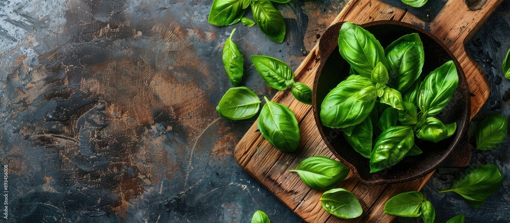 Poster a rustic wooden board adorned with a frying pan and vibrant basil leaves on a table creating an invi