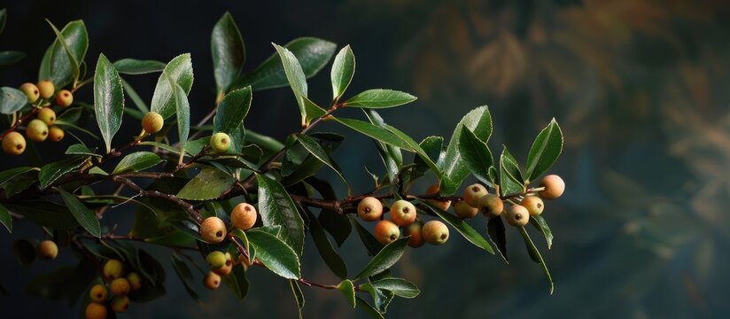 Myrtus Communis branch with myrtle fruit providing a copy space image