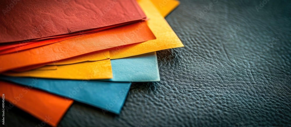 Poster Close up multicolored sheets of paper against a dark leather backdrop providing ample copy space image
