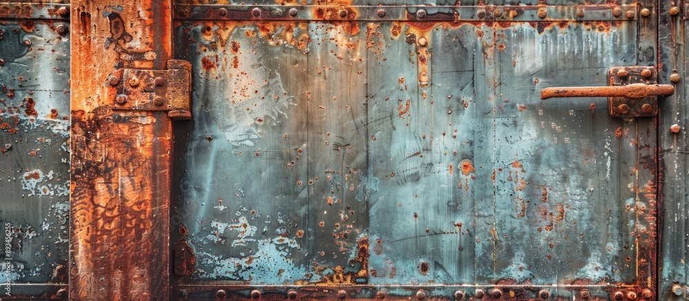Fototapete rusty iron gate and weathered metallic roll up door with a grungy appearance on a background with co