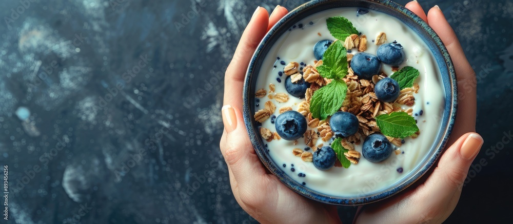 Aufkleber Top view of a woman s hands holding a bowl with yogurt granola and blueberries with selective focus and empty space for text or other elements known as a copy space image