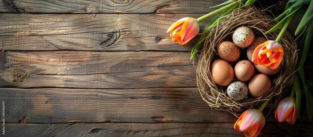 Poster Easter themed greeting card with eggs in a nest tulips and rustic wood background ideal for adding text within the copy space image