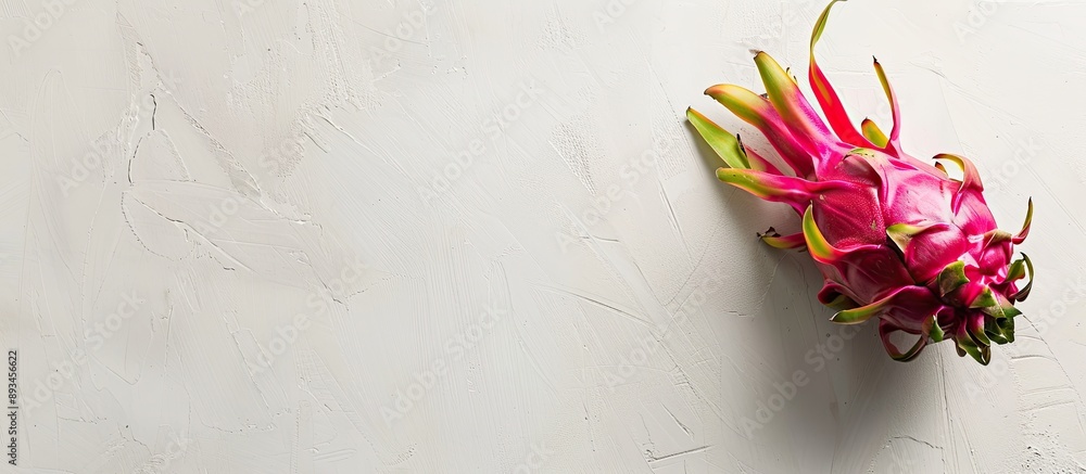 Poster Dragon fruit also known as Pitaya or Pitahaya displayed alone on a blank white background featuring ample space for accompanying text Aerial perspective