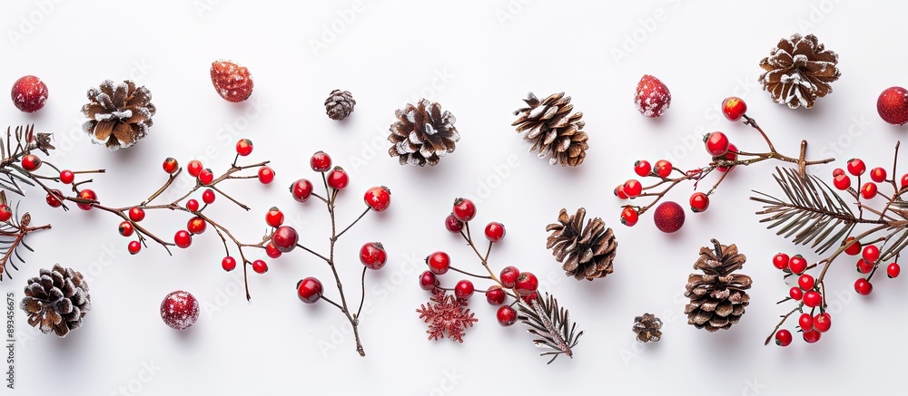 Poster red new year berries and cones arranged on a white background with copy space image