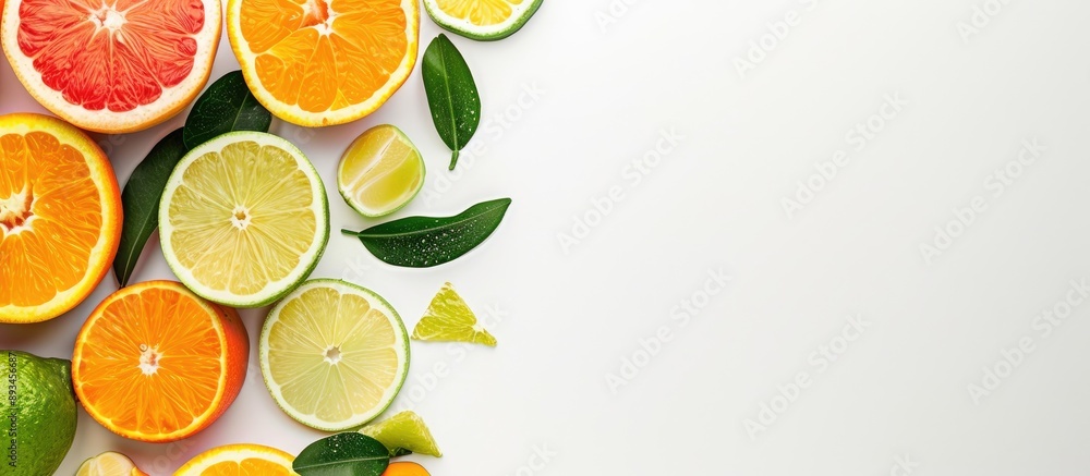 Poster A flat layout on a white background featuring a variety of fresh cut citrus fruits on the left side of the picture with a fresh fruity and juicy fruit concept and free text space for a web banner
