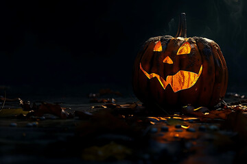 Photo of various pumpkins arranged as a border on a black background, dedicated to Halloween. The empty center is left for text, creating a spooky and festive theme. The pumpkins are decorated and sty