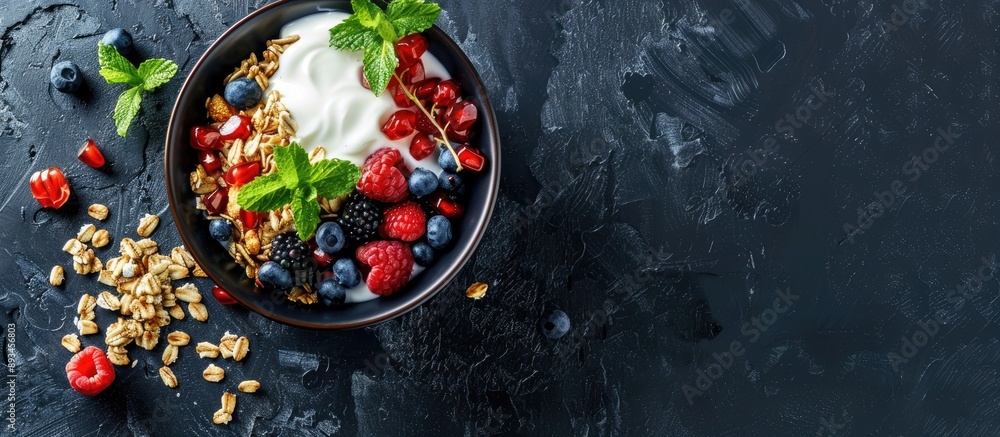 Aufkleber granola bowl with yogurt assorted toppings on stone backdrop in top view ideal for a delectable and 