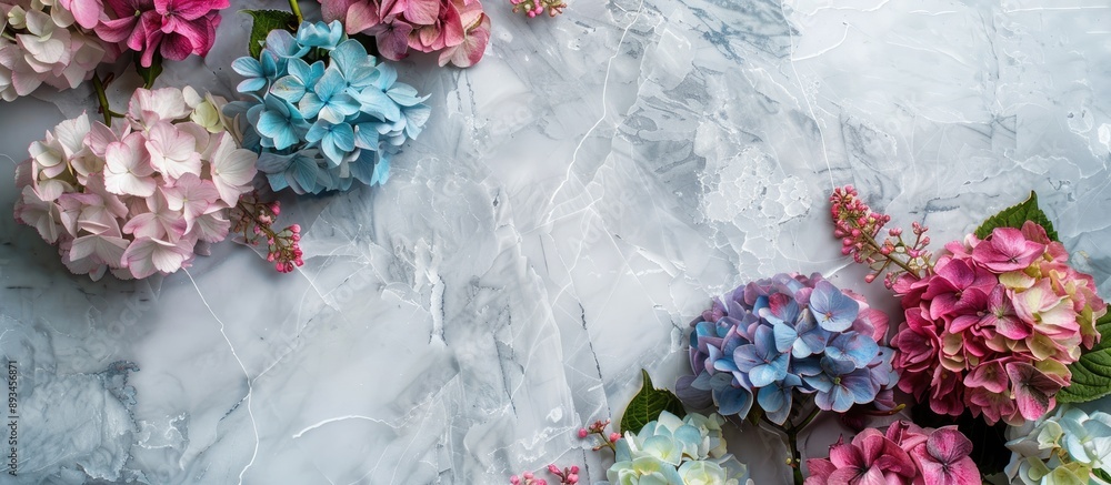 Poster an overhead perspective of a marble surface adorned with vibrant hydrangea flowers featuring ample c