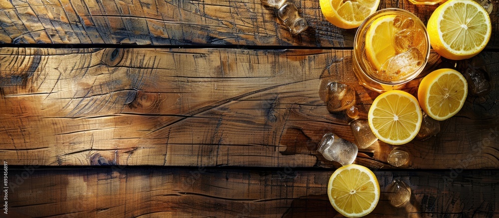 Poster a wooden table with a fresh slice of lemon garnishing a glass of lemonade provides a rustic copy spa