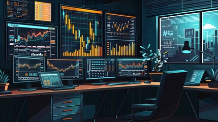 Isometric Financial Analyst’s Desk with Stock Market Data