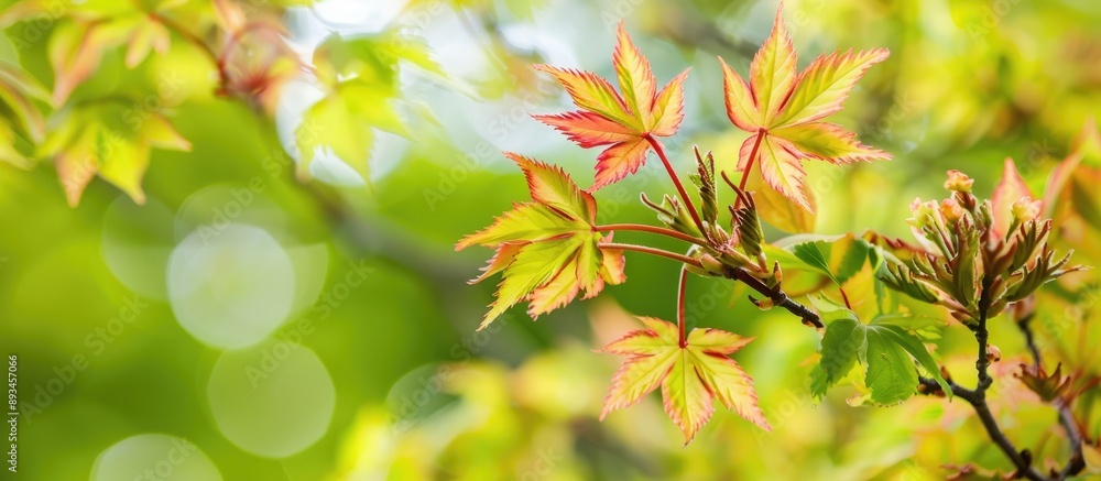 Poster close up shot of blooming maple tree acer platanoides in the botanical garden ideal for a spring ban