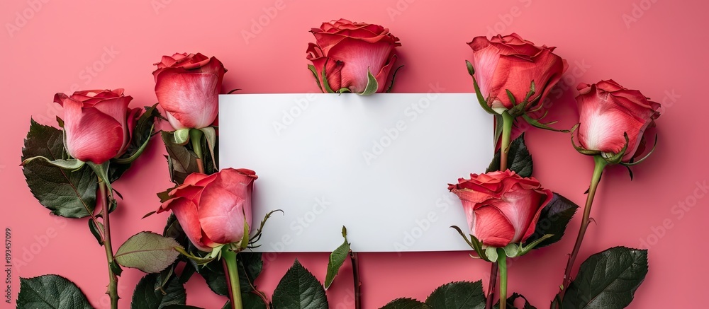 Fototapete Fresh roses arranged decoratively on a color background with an empty white paper sheet for text providing a floral visual with plentiful copy space image