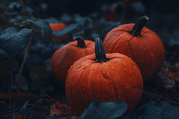 Photo of various pumpkins arranged as a border on a black background, dedicated to Halloween. The empty center is left for text, creating a spooky and festive theme. The pumpkins are decorated and sty