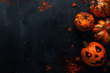 Photo of various pumpkins arranged as a border on a black background, dedicated to Halloween. The empty center is left for text, creating a spooky and festive theme. The pumpkins are decorated and sty