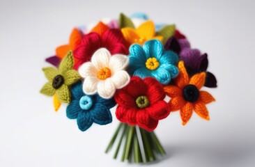 Obraz premium Bouquet of colorful knitted flowers isolated on white background