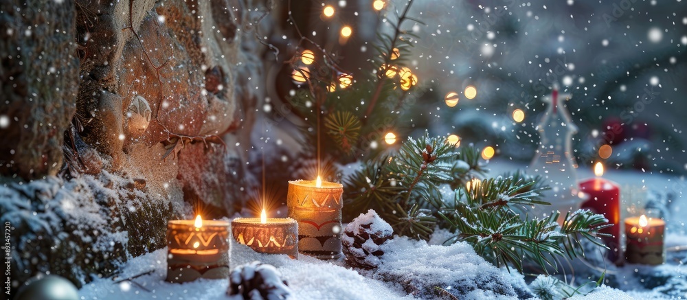 Fototapete A festive scene with candles in the snow against a stone wall perfect for adding text or images within the frame. with copy space image. Place for adding text or design