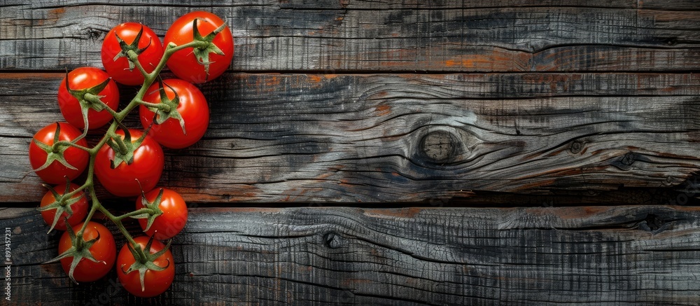 Fototapete Rustic style tomatoes on a wooden backdrop in a flat lay food background with copy space image