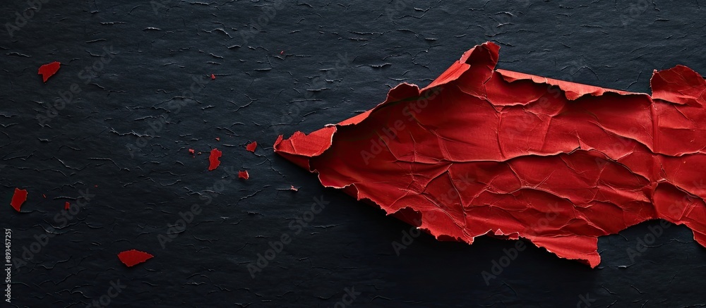 Fototapete A torn red cardboard piece against a dark backdrop with space for adding images. with copy space image. Place for adding text or design