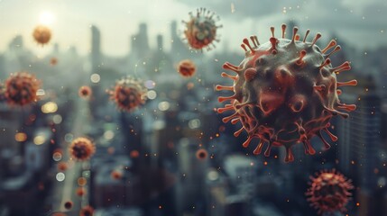 Close up virus floating in the air with a city background