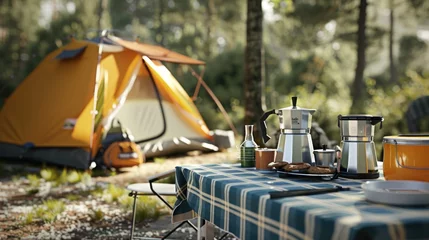 Fotobehang sets of camping with cooking equipment in the form of outdoor camping tents, camping tables, and accessories for making portable coffee in the open and sunny weather. summer vacation concept. © inthasone