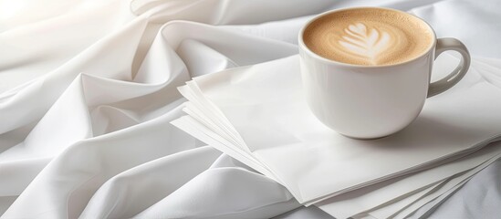 White paper rests in coffee cup providing copy space image for design purposes