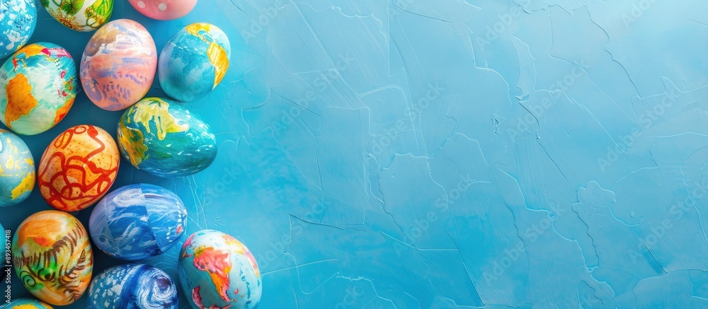 Aufkleber colorful easter eggs resembling earth on a blue paper backdrop with copy space image for an easter m