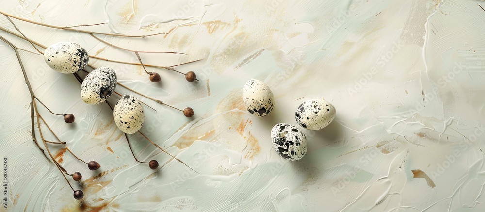 Aufkleber Easter themed postcard design featuring quail eggs nestled on a light beautiful surface with empty space for text or images. with copy space image. Place for adding text or design