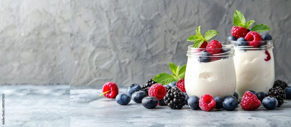Poster glass jars filled with fresh yogurt and berries a dairy based healthy food option suitable for dieti