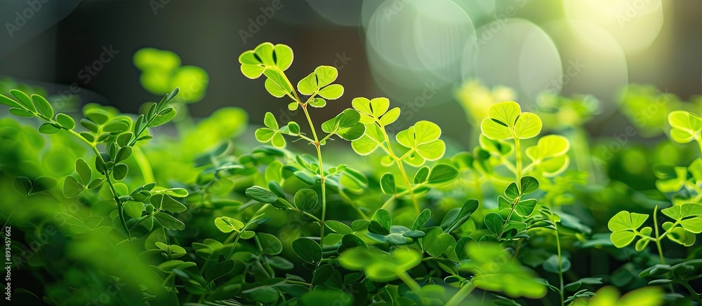 Aufkleber close up image of small moringa leaves growing in a miniature garden with copy space image