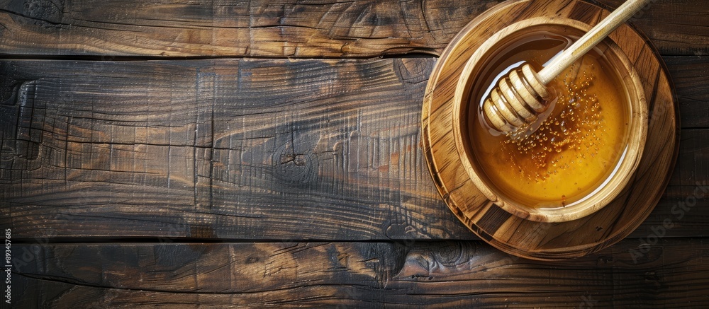 Aufkleber top view of a bowl and dipper filled with tasty honey on a wooden table includes copy space image