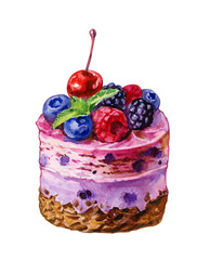 Sweet dessert with  berries  on top, isolated on white. Watercolor illustration.