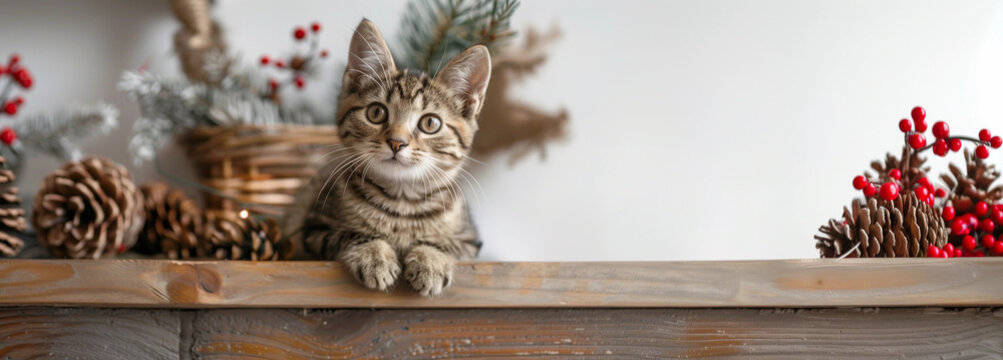 Cute tabby kitten Christmas mantel decor pinecones festive berries cozy holiday home pet adoption rescue gift winter xmas kitty cat copy space blank banner background