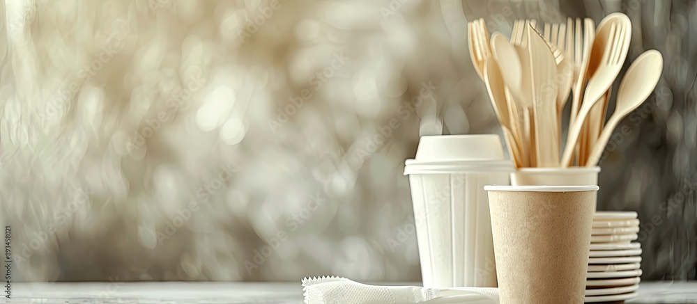 Poster Biodegradable and eco friendly disposable tableware utilized in various settings like fast food restaurants takeaways and picnics featuring a recycling concept Close up view with copy space image