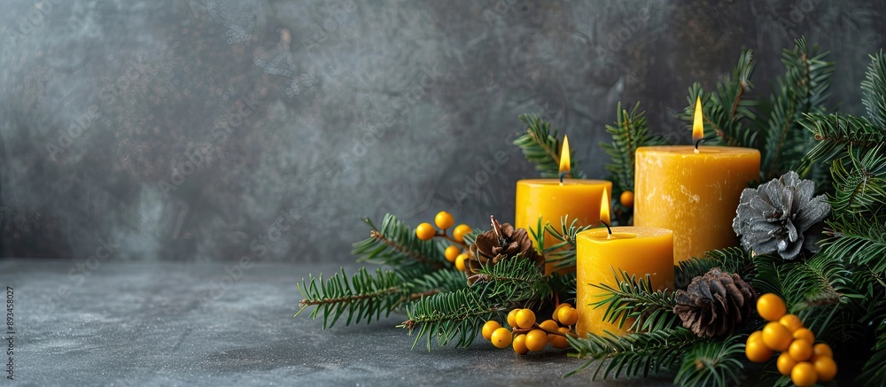 Aufkleber christmas candles creating a lovely scene on a neutral gray backdrop with copy space image
