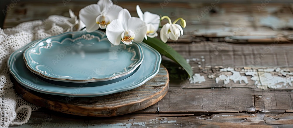 Aufkleber rustic retro kitchen table setting with old wooden board blue plate white orchid and lace towel unde